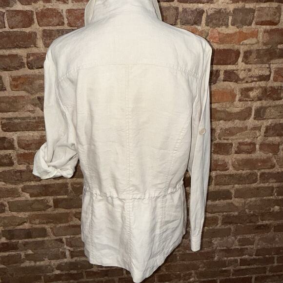 100% Linen Safari Shirt/jacket Utility Coastal Drawstring Waist Roll Tab L EUC - Picture 5 of 13